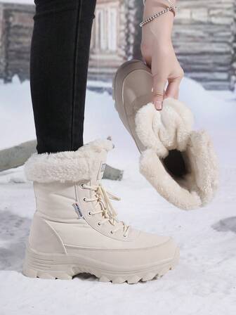Women's Snow Boots, Thick Thermal Lined, Warm Outdoor High-Top Boots, Lace-Up Ski Boots, Fashion Mid-Calf High-Top Boots, Winter Sports Boots
