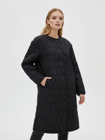 Women's Regular Length Quilted Winter Coat With Round Neck And Long Sleeves Featuring Button Front