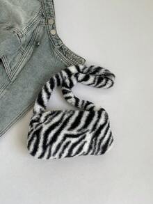 CHICVUE New Autumn/Winter Mini Fashionable Black & White Contrast Zebra Pattern Fluffy Shoulder Bag, Casual Tote Underarm Soft Fluffy Solid Color Handbag, New Arrival Fur Bag For Women Gifts - Black and White - View 8