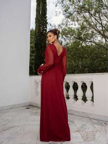 LONG MERMAID DRESS WITH TULLE SLIT FOR WEDDING GUESTS AND OTHERS WITH ELEGANT CUSHIONING AND ZIPPER - Gỗ đỏ - Xem 3