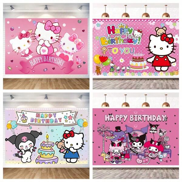 قطعة واحدة خلفية تصوير لحفلة عيد ميلاد مزينة برسوم كرتونية سانريو هالو كيتي، لافتة ديكور