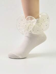 1 Pair Children's Ruffle Trim Socks, Princess Baby Ruched Socks - Beige - View 2