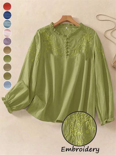 女式宽松刺绣复古长袖衬衫，秋季上衣