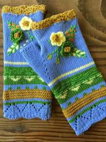 Luvas femininas de tricô bordado com gancho pequeno e flor quente, luvas de fio jacquard feitas à mão