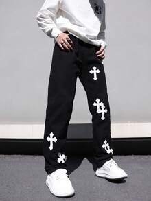Men's Denim Brand Washed Pants With Cross Print Straight Leg Men's Jeans-Black - 黑色 - 查看 7