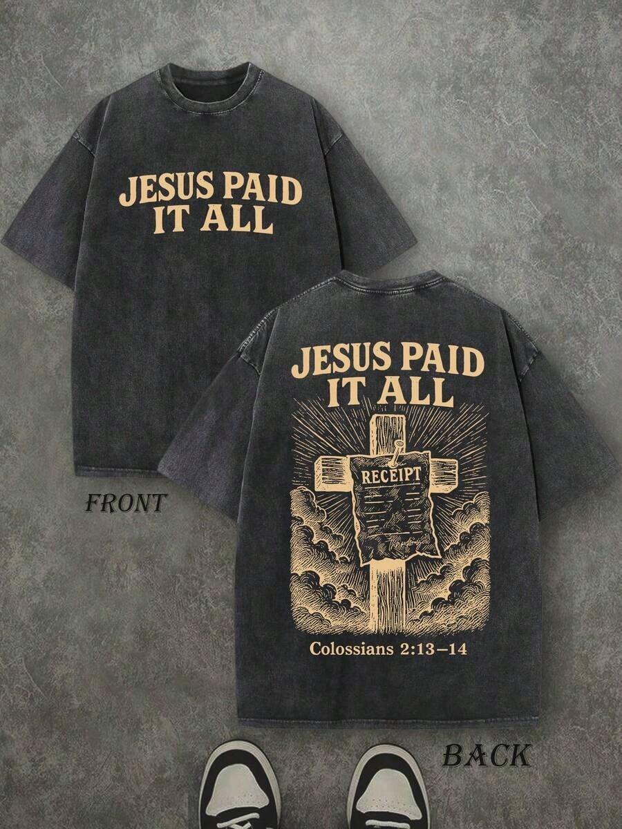 Retro Washed T-Shirt Double Sided Printed (230 Pure Cotton T-Shirt) 'JESUS PAID IT ALL' Letter And Cross Pattern Print, Christian Gift, Men's T-Shirt, Men's Casual, Comfortable, Fashionable T-Shirt, Street Style Cotton Unisex ST Patrick' S Day Plus Size Top - 黑色 - 查看 1
