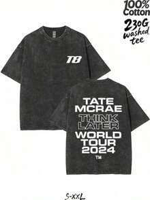 230G Washed Pure Cotton T - Shirt, Casual Fashion, With Tate McRae Think Later World Tour 2024 Logo Print, Outdoor Sports T - Shirt |     Loose Fit |     Soft Knitted T - Shirt - màu đen - Xem 1