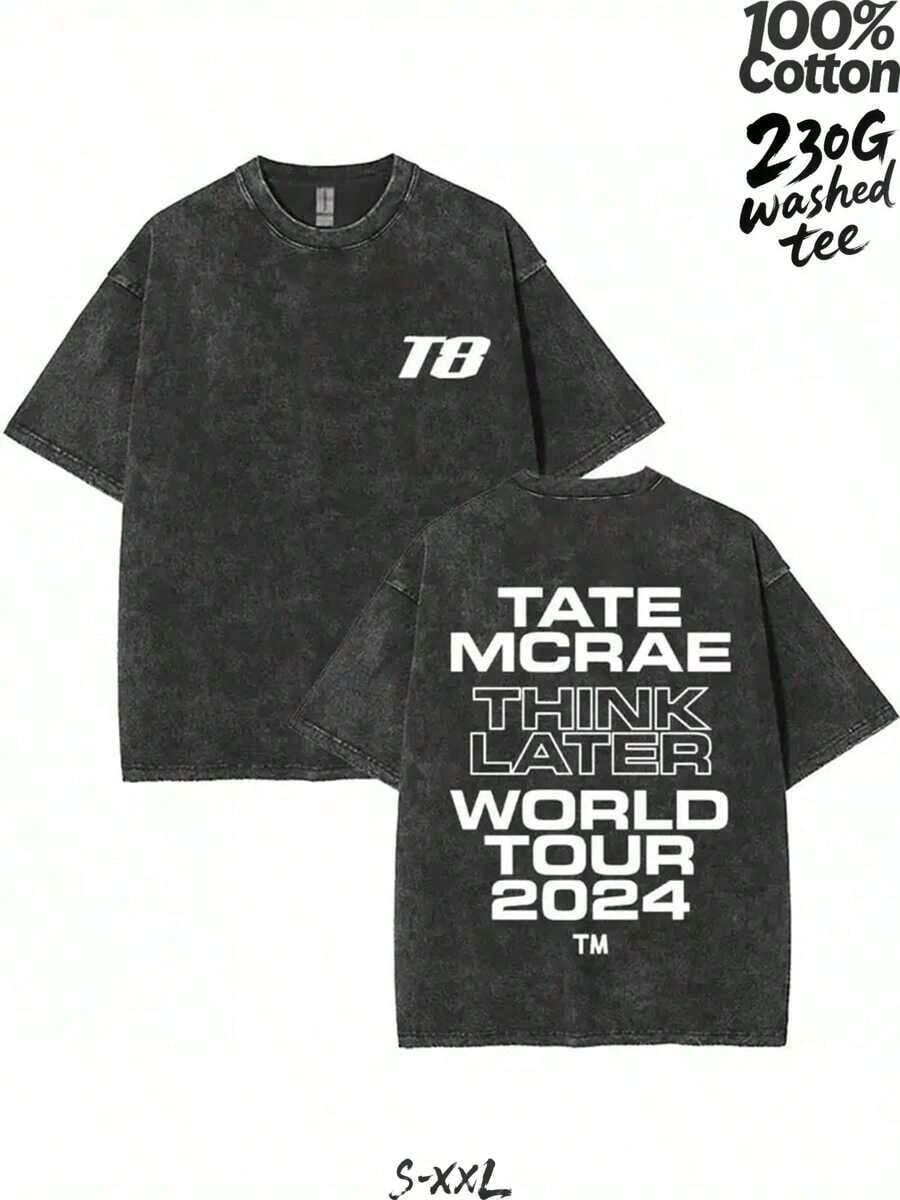 230G Washed Pure Cotton T - Shirt, Casual Fashion, With Tate McRae Think Later World Tour 2024 Logo Print, Outdoor Sports T - Shirt | Loose Fit | Soft Knitted T - Shirt - màu đen - Xem 1