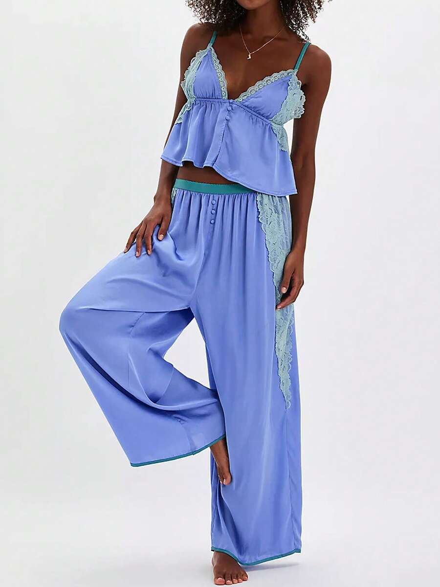 Women Y2K Satin Silk Pajame Set Lace Patchwork Spaghetti Strap Button Down Ruffled Cami Top And Wide Leg Pants 2 Piece Sleepweer Set - 藍色 - 查看 1