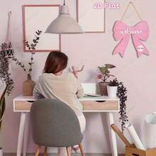 1/2个粉色蝴蝶结挂饰，印有“欢迎”字样，优雅木质墙饰，适合女孩房、婚礼、生日派对、宿舍和公寓，配有挂绳，浪漫风格，圣诞装饰，2D家居装饰，房间装饰 - 粉色 - 查看 4