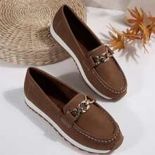 Comfortable Lightweight Women Shoes Slip On Loafers Low Top Round Toe Casual Chain Decorated - Cà phê nâu - Xem 3