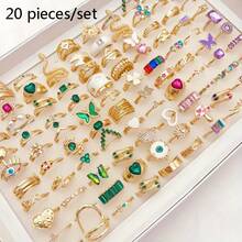 Bộ 20 chiếc nhẫn hợp kim hình hoa bất đối xứng phóng đại, nhẫn hở đính ngọc trai giả thanh lịch cổ điển, phụ kiện đeo ngón tay hàng ngày cho tiệc cưới, trang sức thời trang, quà tặng tuyệt vời nhất, phân loại ngẫu nhiên - Đầy màu sắc - Xem 13