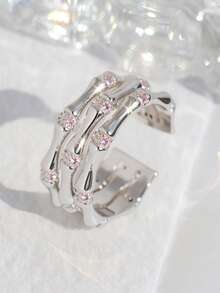 Charm-In 1pc Silver-Tone 3-Layer Bamboo Design Ring With Pink Zirconia Stone - Silver/Pink Stone - View 4