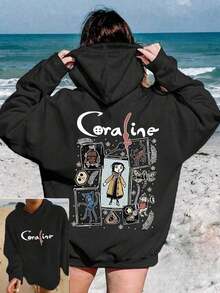 Cartoon Graphic Print Long Sleeve Pocket Dropped Shoulder Casual Sweatshirt - Black - View 4