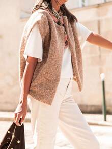 女士柔软纯色马海毛面料毛绒圆领无袖背心，适合度假和日常穿着，秋冬季 - 摩卡棕 - 查看 5