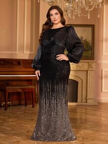 UNITHORSE Plus Women's [Random Cut] Round Neck Lantern Sleeve Sequin Patchwork Faux Evening Dress - Black - View 3