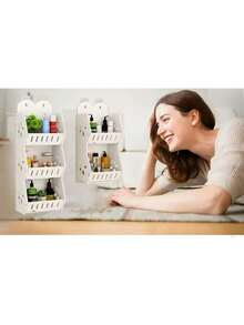 1 pieza Estantería de pared para el baño sin taladro para gel de ducha y cosméticos, organizador de almacenamiento de 2 niveles con ganchos, decoración del hogar y del baño, decoración de otoño, vuelta al cole, estantería de ducha sin taladro, organizador de baño, soporte de champú sin taladro para ducha, estantería de baño sin taladro con 4 ganchos extraíbles, estantería de ducha, decoración del hogar para el baño, entrega de estilo aleatorio para el verano