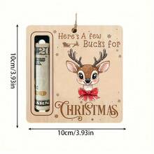 木制圣诞树硬币收纳盒 - 圣诞老人雪橇和驯鹿节日装饰，采用“送几美元”设计，雪花图案和挂绳，适用于圣诞礼物、小礼物填充物、节日家居装饰、季节性装饰品、有趣的节日布置，由木质材料制成，专为送礼者设计 - 彩色 - 查看 6