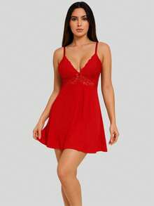 Sensual Nightgown With Lace Finish + Microfiber Robe With Lace PAULA. - Đỏ - Xem 3
