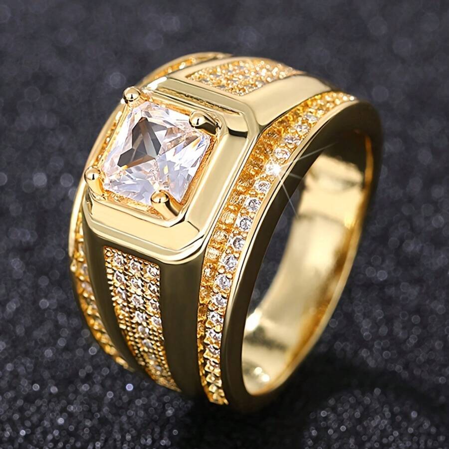 Best-Selling Men's Business Square Cubic Synthetic Zirconia And White Ring, Fashionable Princess Cut Cubic Synthetic Zirconia Micro-Pavé Ring For Casual Attire, Versatile Executive Jewelry Accessory, High-Quality Men's Ring - Nhẫn vuông vàng - Xem 1