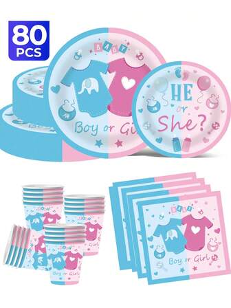 Geschlechts-Enthüllungs-Party Thema 20/40/60/80/100 Stücke Einweg-Besteckset mit Geschlechts-Enthüllungs-Party Thema, inklusive 18cm Pappteller, 23cm Pappteller, 266ml Becher, Servietten, geeignet für tägliche Zusammenkünfte, Geburtstagsfeiern, Bridal-Shower, Babypartys, Clubs, Hochzeiten, Teepartys, Picknicks