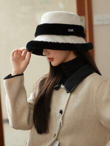 1pc Women's Autumn/Winter Plush Patchwork Bucket Hat, Warm Thermal Lined, Windproof, Ear Protection, Suitable For Daily Wear Winter Warm