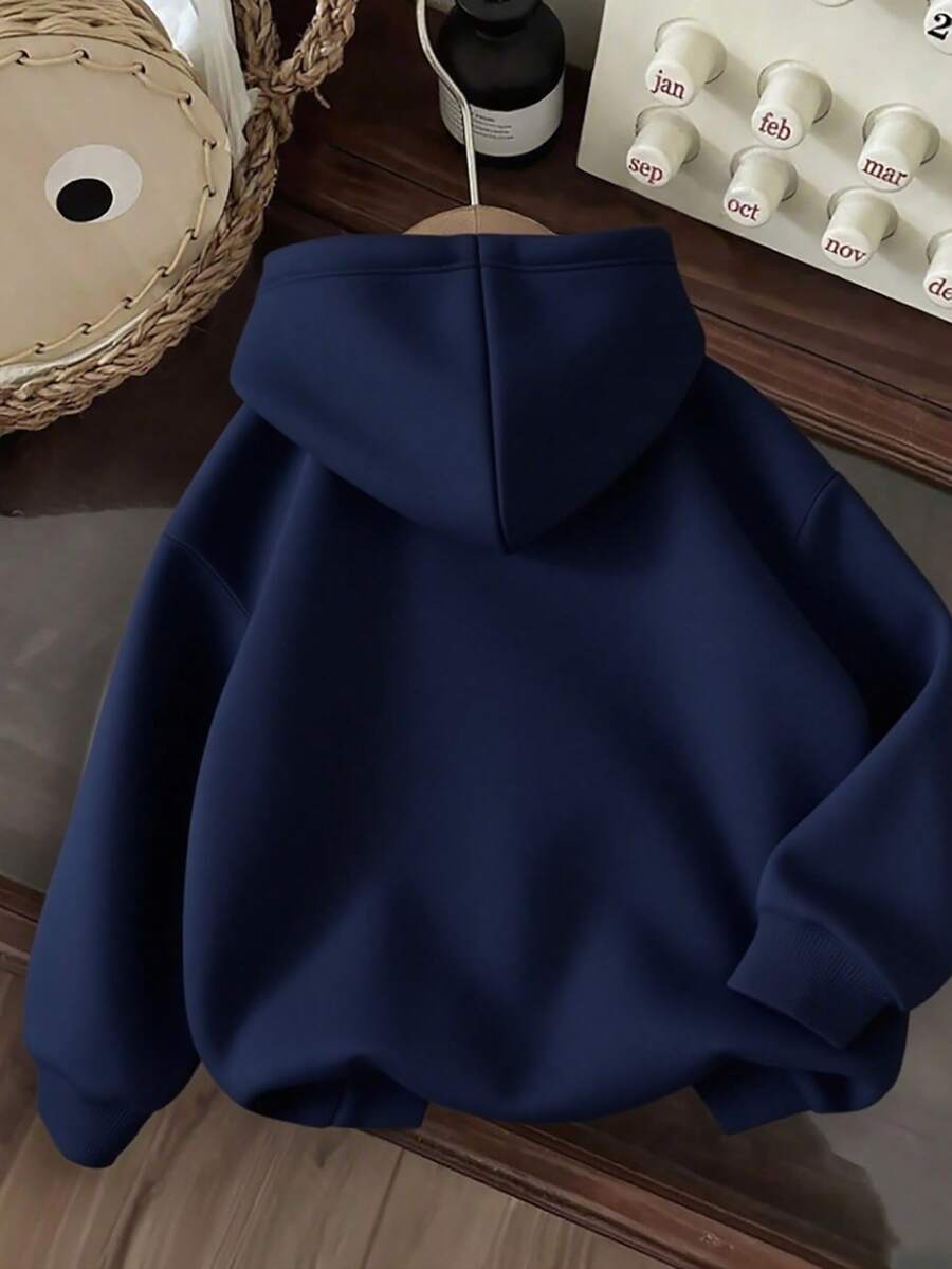 女童保暖内衬卫衣，纯色，秋冬季 - 藏青 - 查看 1