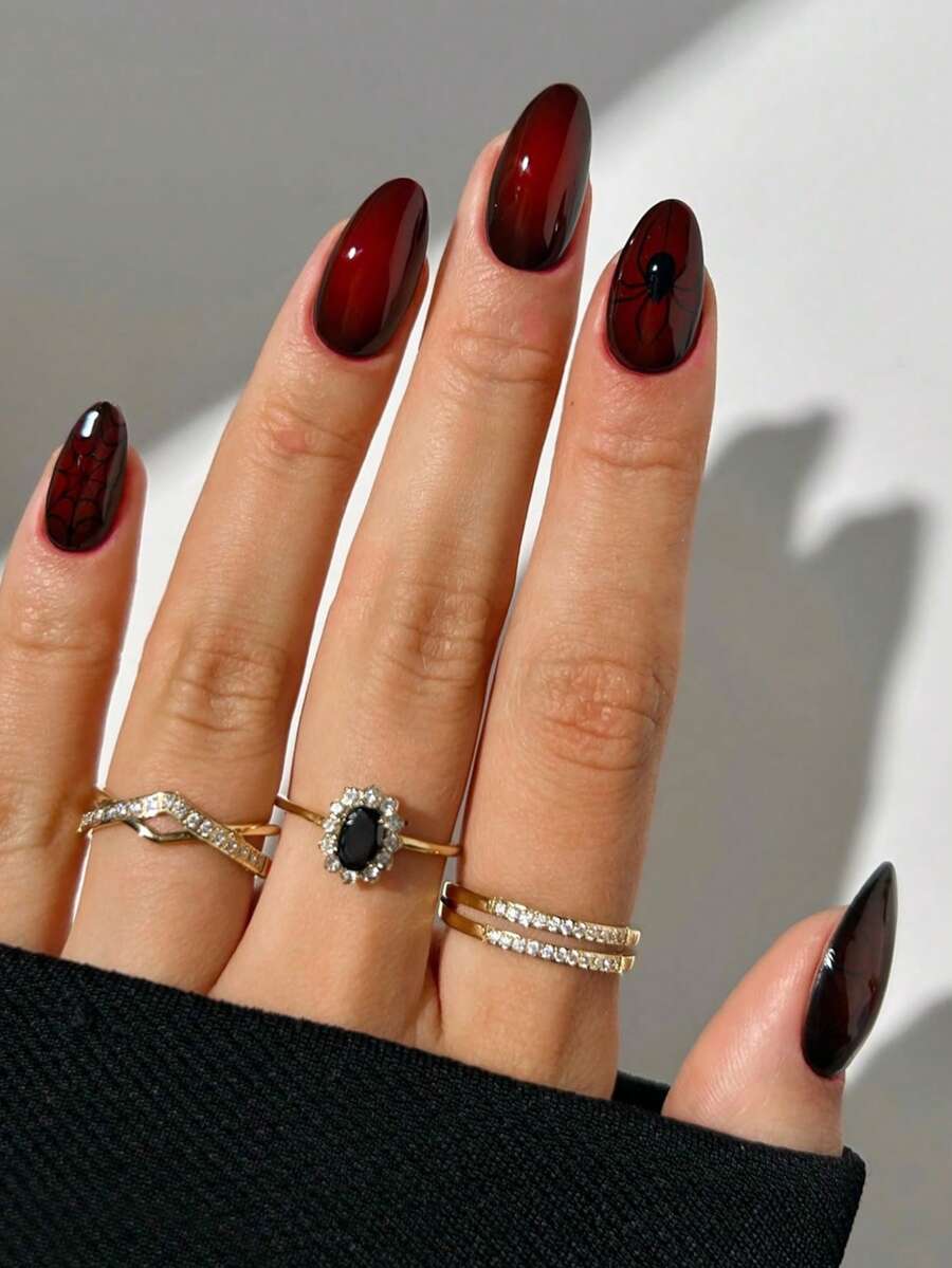 Bộ 24 miếng dán móng tay kiểu Pháp màu đỏ đậm hình hạnh nhân cỡ trung bình, họa tiết mạng nhện phong cách Y2K, màu đỏ tía, vừa vặn hoàn hảo với đầu móng acrylic. Bộ sản phẩm bao gồm một miếng dán gel và một dũa móng. Thích hợp cho phụ nữ và bé gái, một phụ kiện làm móng cho các dịp lễ hội. - Nhiều màu - Xem 1