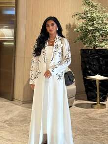 Elegant Embroidered Abaya Cardigan, Dubai Style Women Robe - White - View 3