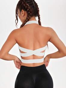 SHEIN Sports Sujetador deportivo con cuello de halter y espalda cruzada sin respaldo - Blanco - Ver 2