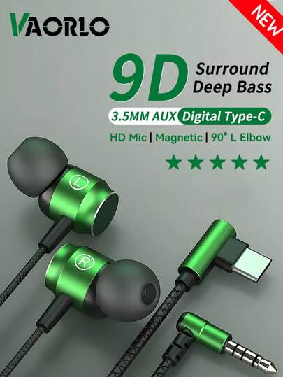 Metal Hifi Wired Earphones 3.5mm AUX / Digital Type-C Connector With HD Mic Gaming Music Sport Headphones Bass Surround Sound Headsets L Bending 90 Degrees IN-Ear Earbuds