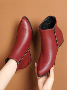 Teens' Fashion Pointed Toe Chunky Heel Burgundy Short Boots, PU Leather 2025 New School Uniform Boots, Side Zipper Design Classic Burgundy Girl's Ankle Boots, Suitable For Commuting And Any Formal Occasion