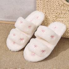 秋冬女士刺绣蝴蝶结家居拖鞋，四季皆宜的毛绒室内拖鞋，平底女士拖鞋，家用地板拖鞋，蓬松拖鞋 - 二條帶白色蝴蝶 - 查看 8
