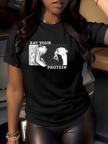 Camiseta Mujer Estampado Come Proteína Diseño Gráfico Camisa de T con Estampado Digital 220 Gramos TShirt 1 unidad de Camisa de T de Manga Corta para Mujer 100% algodón Estilo Casual y Cuello Redondo - Negro - Ver 1