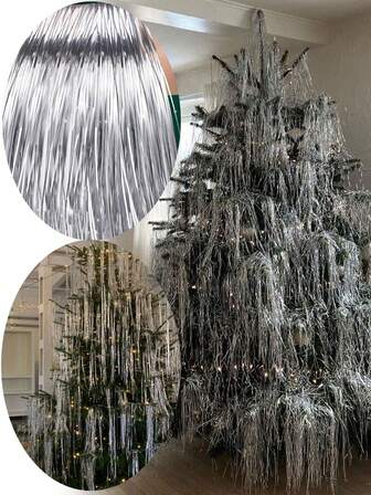 6000pcs Silver Tinsel Tassels, Art Deco Style, No Electricity Required Christmas Tree Decorations, Suitable For Indoor/Outdoor Holiday Decorations For New Year, Valentine's Day And Winter Celebrations, Silver Silk Decorations, Christmas Decorations, Shiny Rain Silk, Laser Shining Staircase Decorations, New Year's Eve Party Decorations.