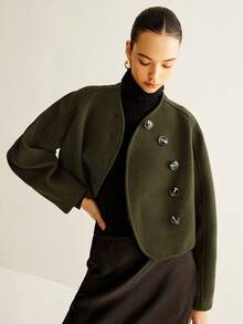 Women's Winter Solid-Color Front-Button Elegant Casual Coat For Daily Wear, Travel & Office Women's Winter Coat Women's Winter Coat New Year Elegant Women's Blouses - Olive Green - View 7