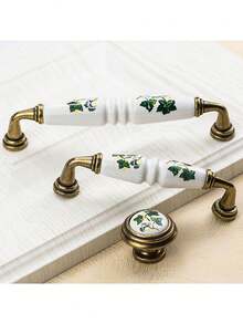 4/6pcs Rustic Ceramic Cabinet Handle With Green And Brown Floral Pattern-Antique Bronze Finish, Country Style Cabinet Door And Drawer Furniture Knob