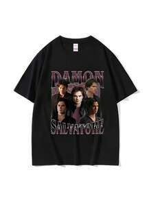 Damon Salvatore Print Graphic T Shirts Men's Vintage High Quality Fashion T-Shirt Casual Cotton Oversized TShirt Streetwear_1q - 黑色 - 查看 1