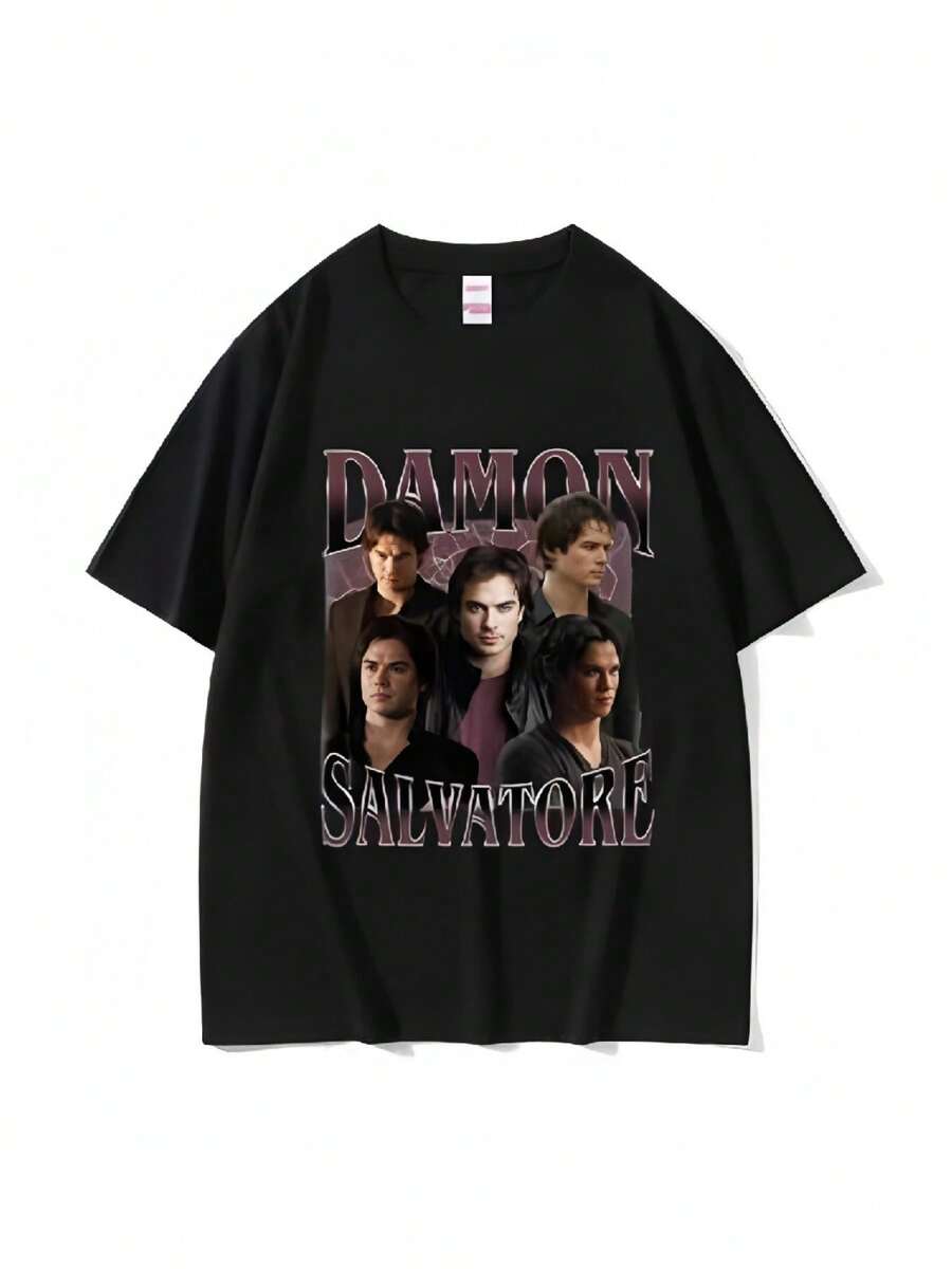 Damon Salvatore Print Graphic T Shirts Men's Vintage High Quality Fashion T-Shirt Casual Cotton Oversized TShirt Streetwear_1q - 黑色 - 查看 1