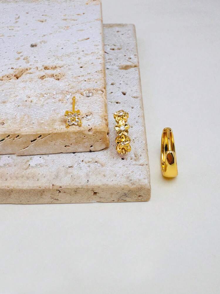 مجموعة 3 قطع من أقراط الزهور الصغيرة المرصعة بالزركون والأقراط الدائرية البيضاوية، قابلة للتراكم، للنساء؛ مجموعة أقراط زهور مرصعة بالزركونيا الشفافة مطلية بالذهب عيار 14 قيراط، مناسبة للغضروف والحلقة والثقب الأمامي، هدية للنساء والفتيات - مجموعة واحدة من 3 قطع - مشاهدة 4