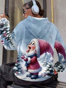 Plus Size Women Christmas Print Pocket Drawstring Hooded Sweatshirt - Blue - View 2