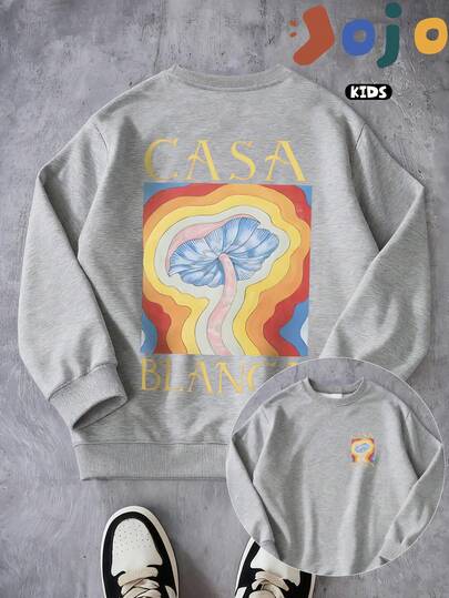 Bunter Hintergrund mit doppelseitigem Fantasy-Pilzmusterdruck, neuer Herbst- und Winterstil! Sweatshirt für Jungen mit überschnittenen Schultern, geschwungene Übergröße, lässig und vielseitig, lockerer Sport, Streetstyle, bequemes Langarmoberteil