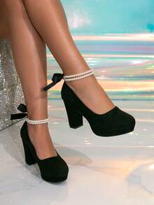 Women's Fashion High Heel Platform Thick Heel Black Pumps With Beaded Chain, Fall, Autumn, Suitable For All Seasons, Elegant, Mary Jane, Party