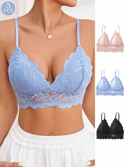 3PCS French V-Shaped Women's Sexy Lace Triangle Cup Bra, Fashionable And Simple, Suitable For Daily Work And Home, Adjustable Shoulder Straps, Comfortable And No Underwire, Breathable Soft Cup Sports Bra