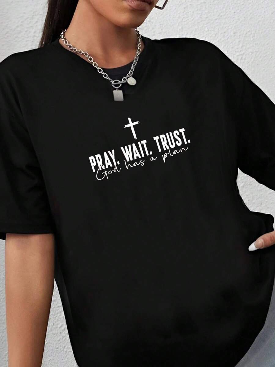 180g pure Cotton Pray Wait Trust God Has A Plan Shirt, God Sweatshirt, Wo Christian Shirt, Religious Mom Gift, Christian Apparel, Believer Tee,Faith Shirt Breathable designer clothes fashion Unisex Stylish streetwear Women Top Graphic Tees women Stretched Soft - Negro - Ver 1