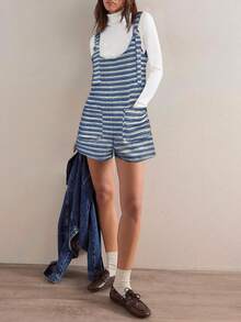Womens Fall Striped Romper Sleeveless Loose Fit Jumpsuit Tied Shorts With Pockets Outdoor Casual Out - 藍色 - 查看 4