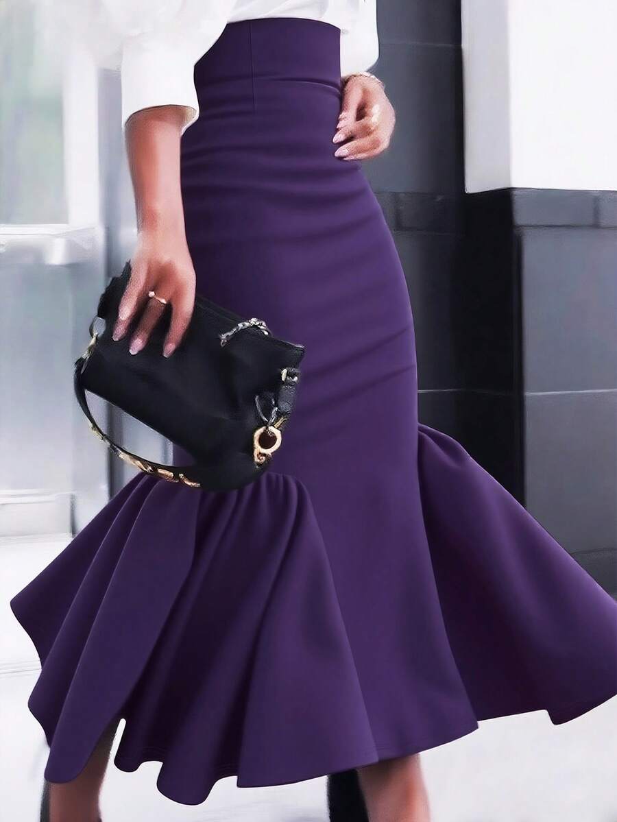 Plus Size Women's Autumn Solid Color Knit Fabric Ruffle Tie Waist Zipper Closure A-Line Skirt, Suitable For All Seasons