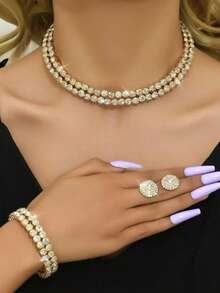 3 件套奢华新娘婚礼项链、手链、耳环套装、全水钻装饰颈链、多层项链、新娘配饰