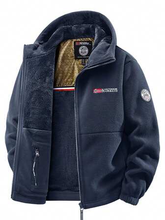 1pc Men's Navy Blue Fleece Zip-Up Hooded Outdoor Casual Jacket, Fall/Winter