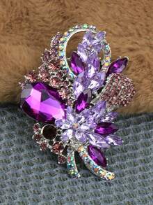 1pc Rhinestone Flower Brooch, Fashion Exaggerated Luxury Crystal Brooch Pin Accessory For Women - Purple - View 4